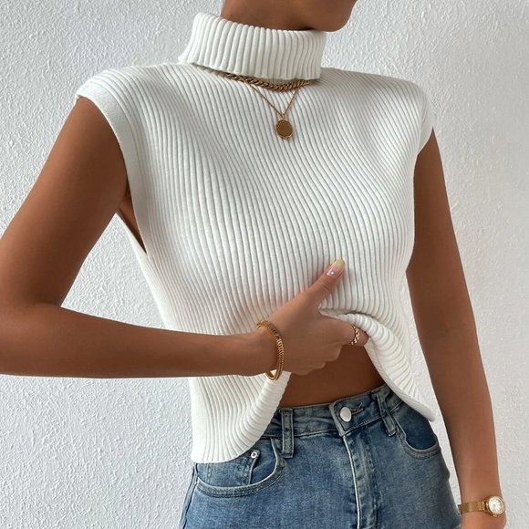 . Sweaters - White Boho Womens Turtleneck Ribbed Knit Sweater Vest